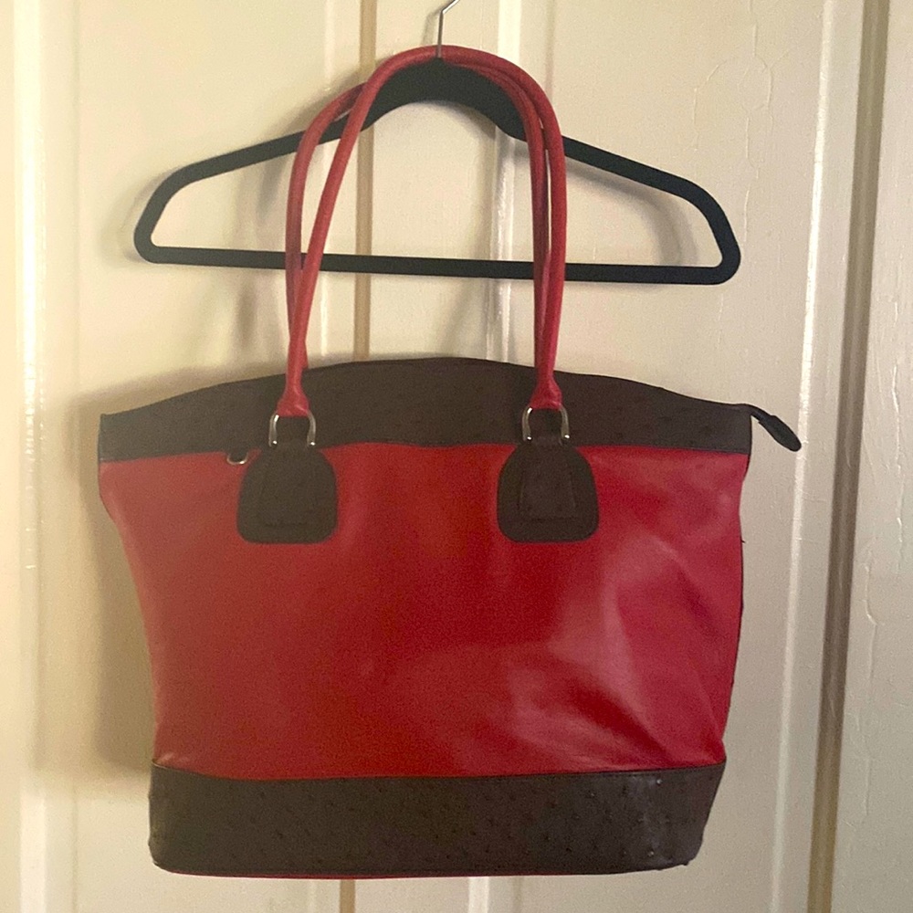 Custom red leather and ostrich tote bag- so gorgeous!